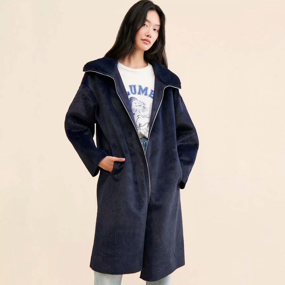 Free People Lana Oversized Navy Blue‎ Faux Fur Zip Front Long Coat Size Large